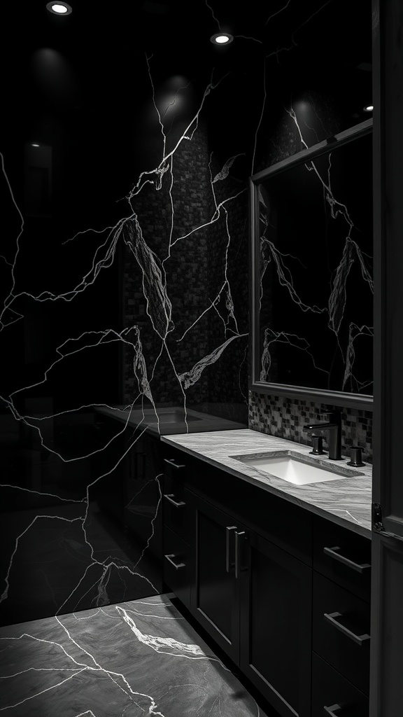 A modern black mirror bathroom featuring dark cabinetry, marble accents, and subtle lighting.