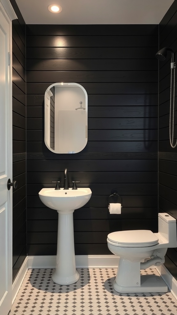 A stylish bathroom featuring black shiplap walls with white fixtures and a patterned floor.