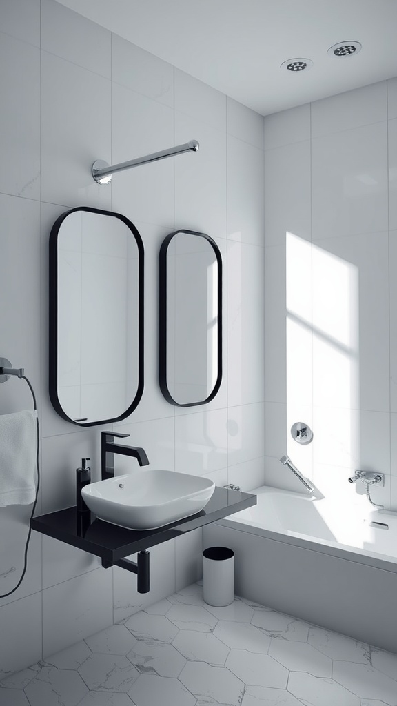 A modern bathroom featuring black mirrors, a white sink, and bright natural light