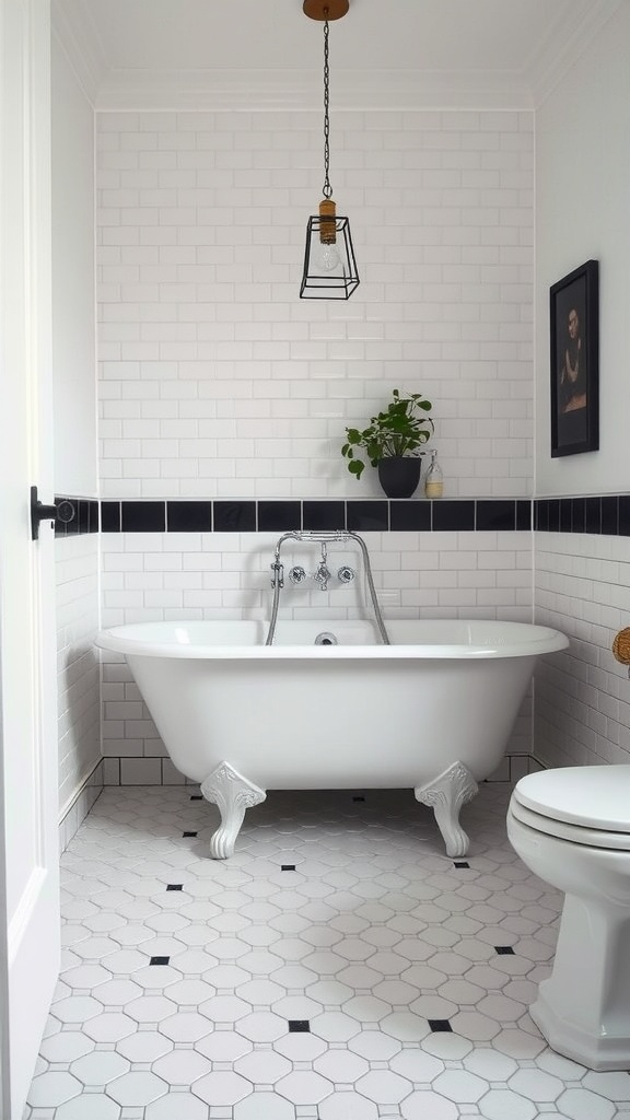 A stylish black and white penny tile bathroom featuring a freestanding tub, subway tiles, and a touch of greenery.
