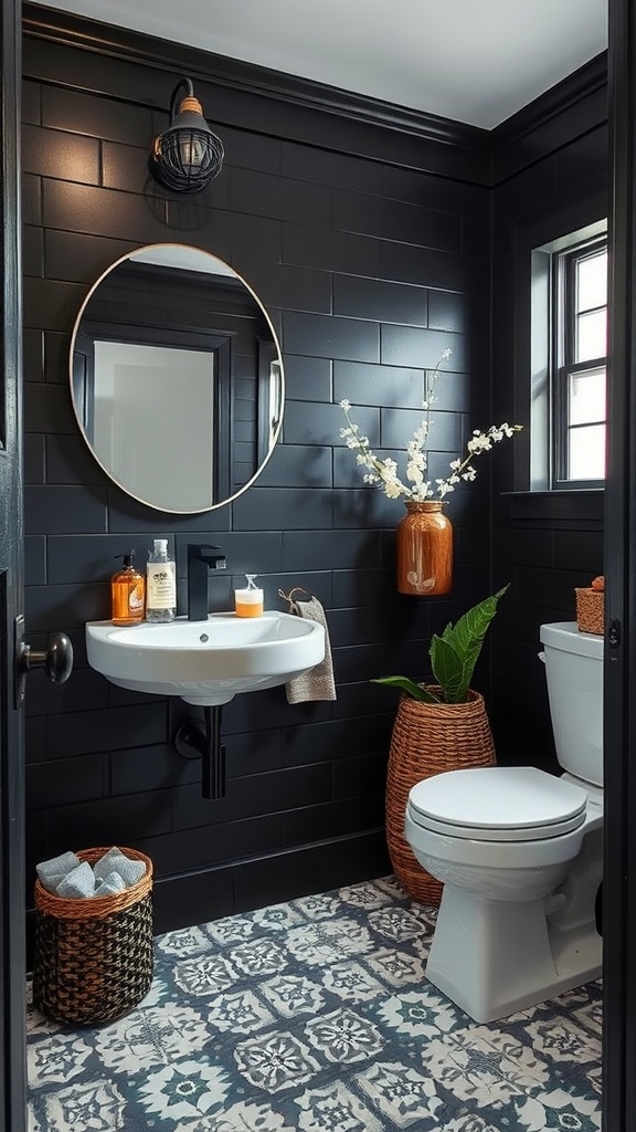 A stylish black shiplap bathroom featuring patterned floor tiles, a round mirror, and decorative elements.