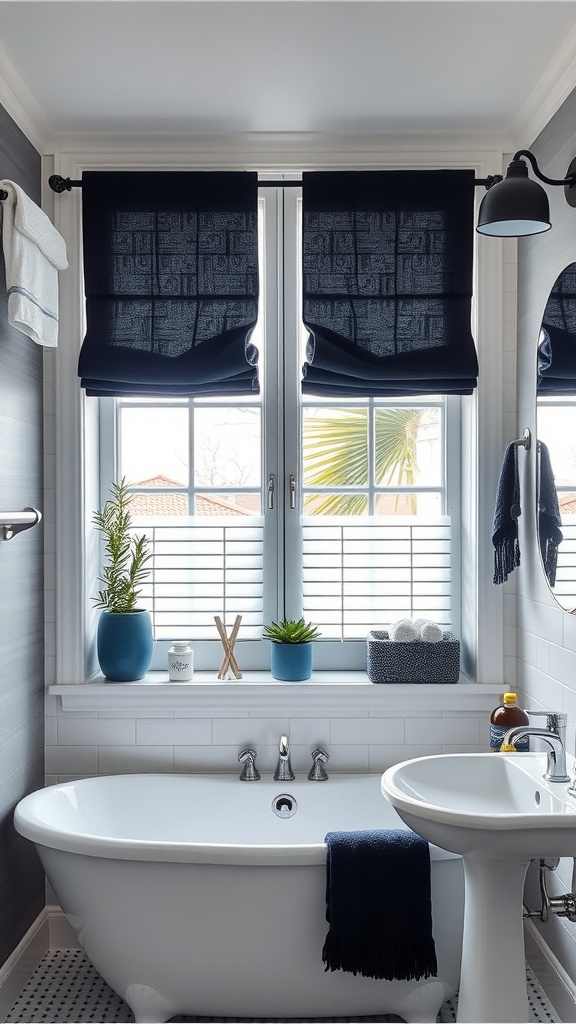 Elegant Roman shades in a blue and black bathroom with plants on the windowsill and a freestanding bathtub.