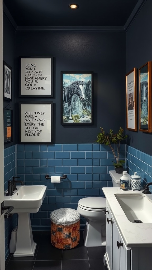 A stylish blue and black bathroom featuring unique artwork and decor.
