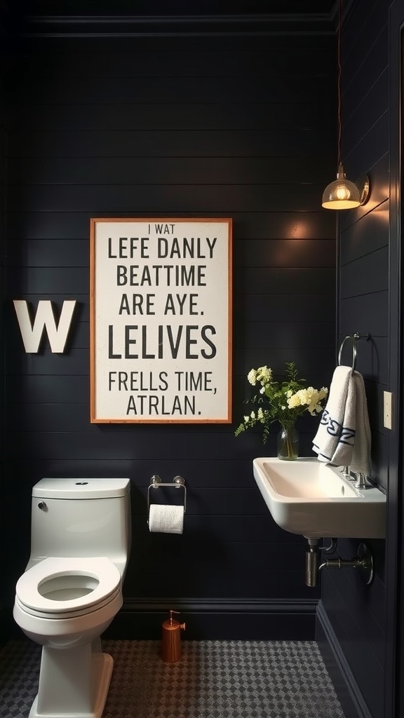 A stylish black shiplap bathroom featuring a unique wall art piece with a quirky message.