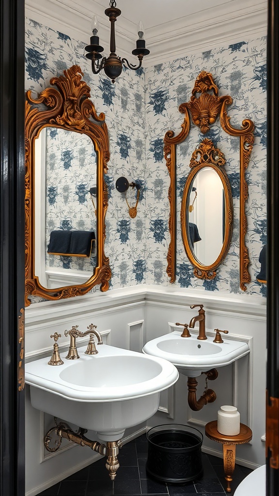 A vintage styled bathroom featuring ornate mirrors, a stylish bathtub, and elegant decor.