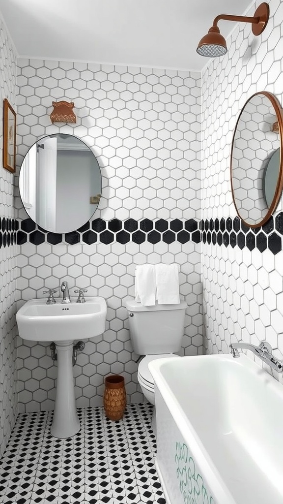 Black and white penny tile bathroom with modern fixtures and vintage elements.