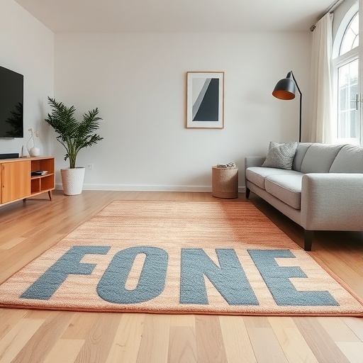 Cozy living room with an area rug featuring the word 'FONE'.