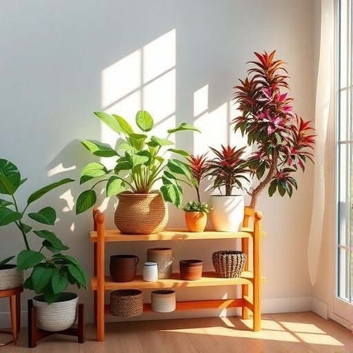 A wooden plant stand displaying various potted plants in a bright room