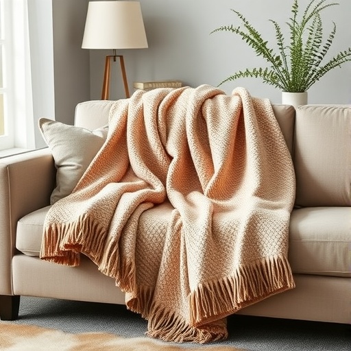 A cozy throw blanket draped over a sofa with a lamp and a plant in the background.