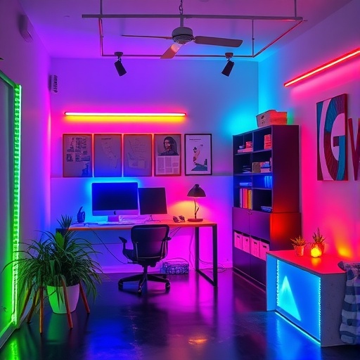 A colorful room with LED strip lights illuminating the space.