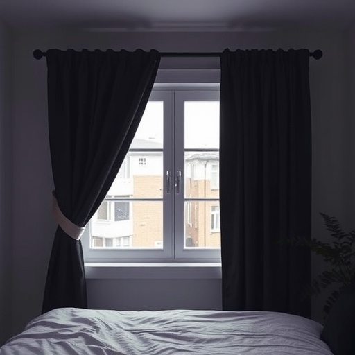 A pair of black thermal blackout curtains hanging beside a window.