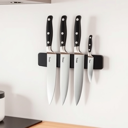 Magnetic kitchen knife rack holding four knives against a wall