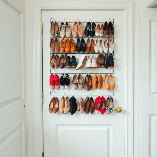 Over-door shoe organizer with various pairs of shoes displayed.
