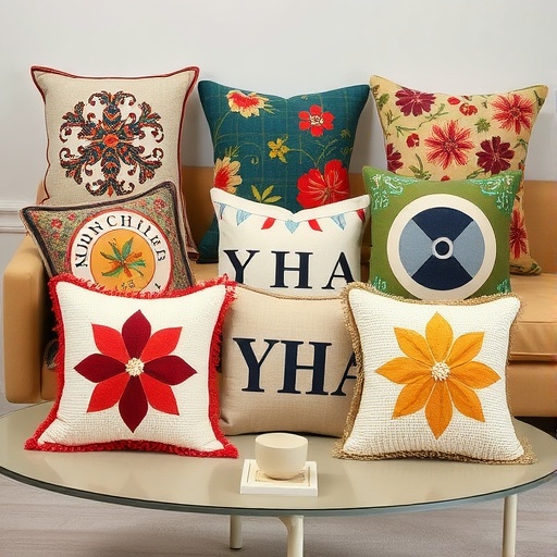 A collection of colorful vintage decorative pillow covers arranged on a coffee table.