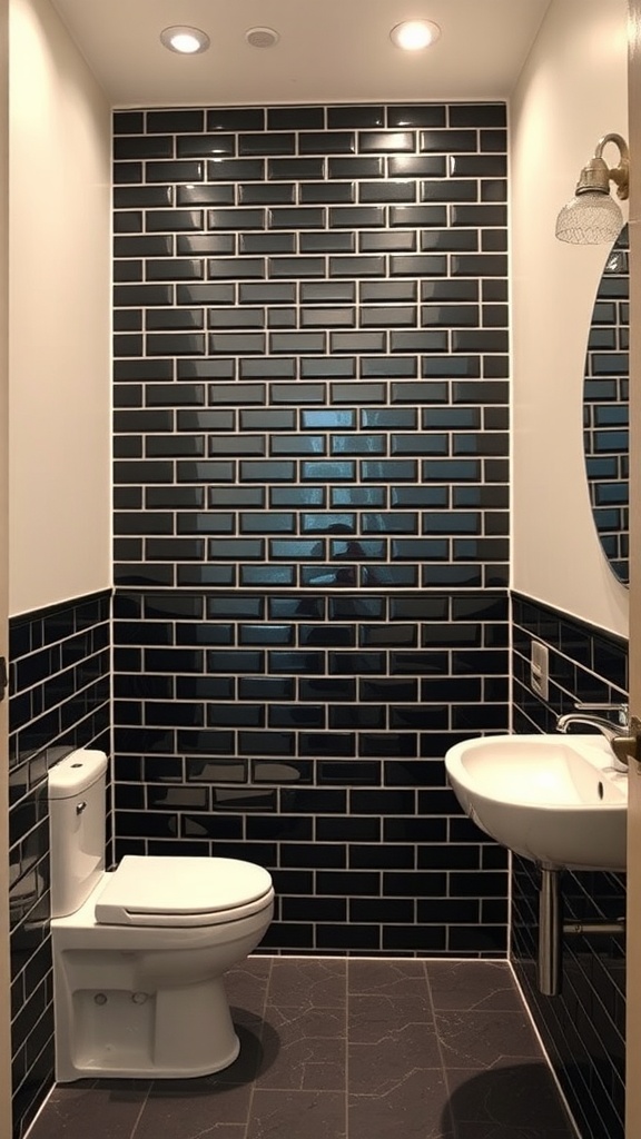 A bathroom with an accent wall made of black subway tiles, featuring a toilet and sink.