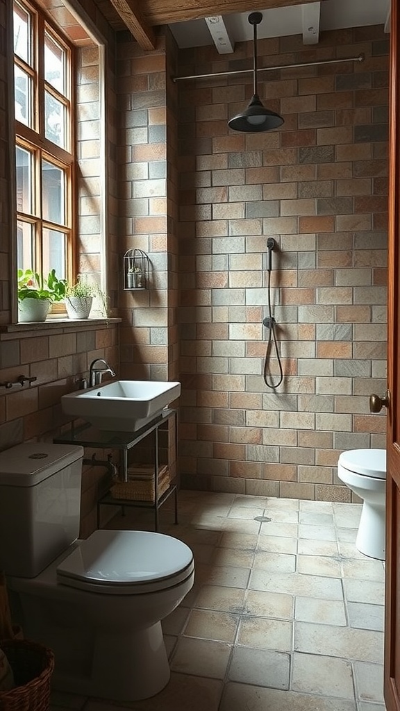 A rustic bathroom featuring antique-effect glazed tiles on the walls and floor, with a shower area and natural light coming through a window.