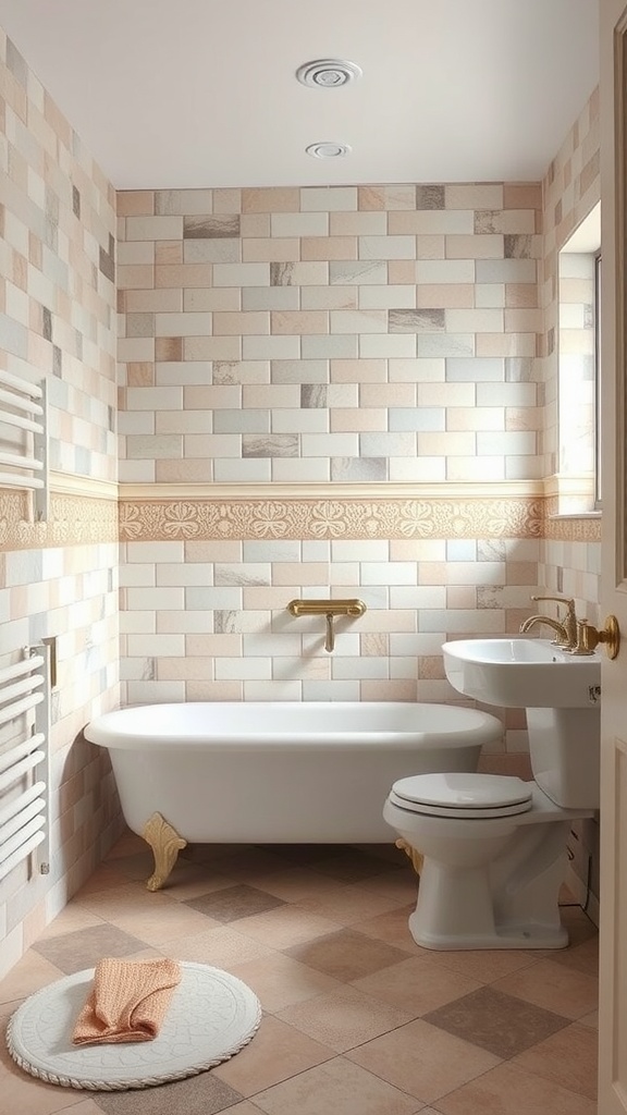 A vintage-style bathroom featuring peach and beige wall tiles, a white clawfoot tub, and golden fixtures.