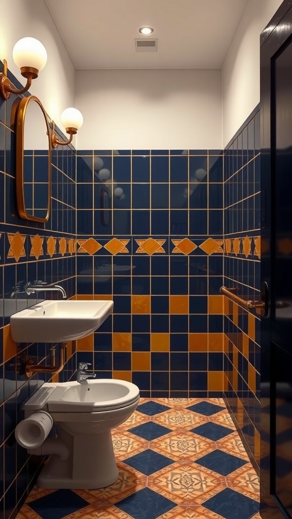 A vintage bathroom featuring deep blue and orange geometric tiles, with a sleek sink and toilet.