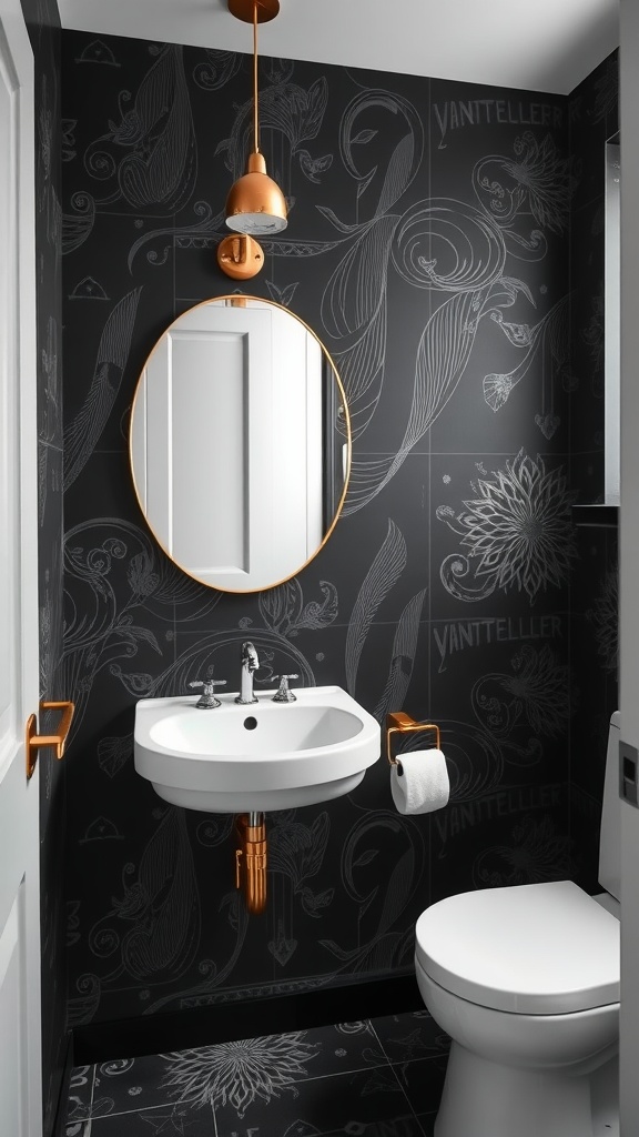 A stylish black bathroom with artistic wall treatments featuring floral patterns, copper fixtures, and a round mirror.