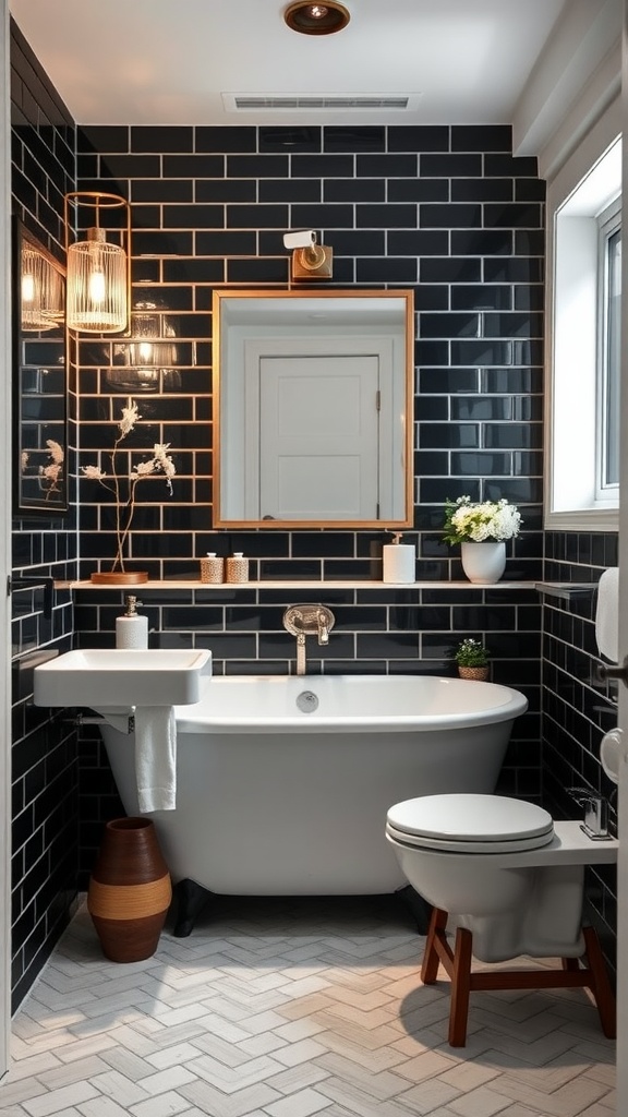 A modern bathroom featuring black subway tiles, a white freestanding bathtub, and wooden accents.