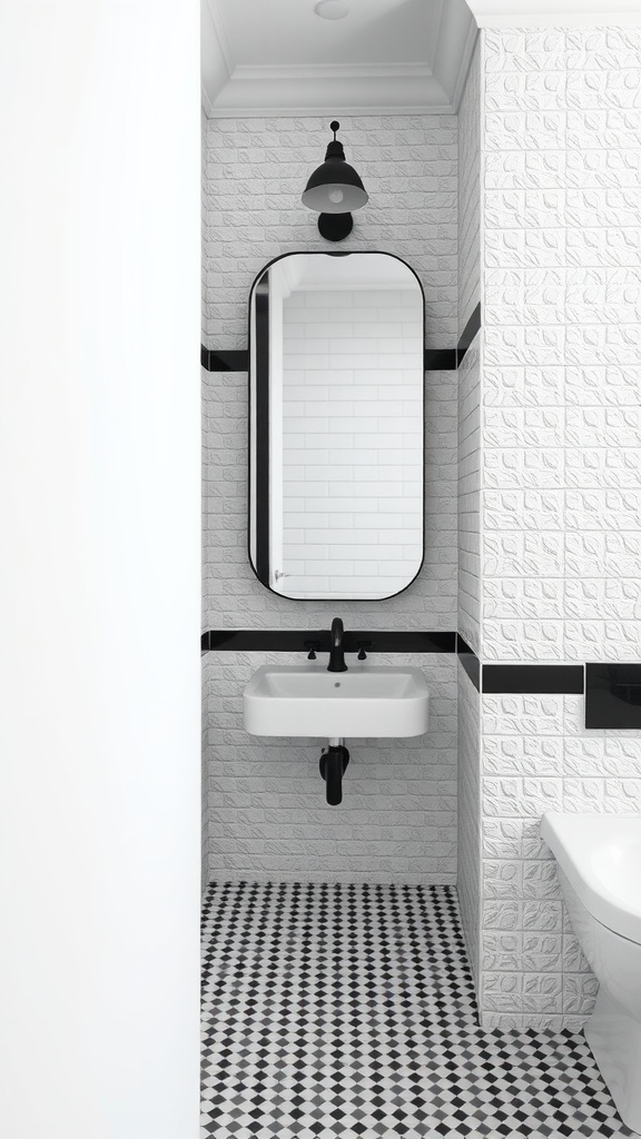 A stylish bathroom with white textured tiles, black grout, a round mirror, and patterned flooring.