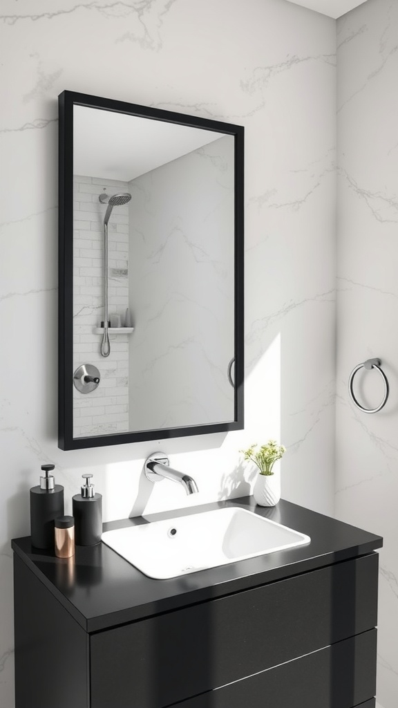 A modern black accented bathroom featuring a black-framed mirror and black vanity.