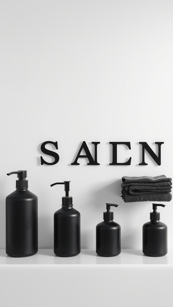 A minimalist black aesthetic bathroom featuring black containers and a folded towel against a white background.