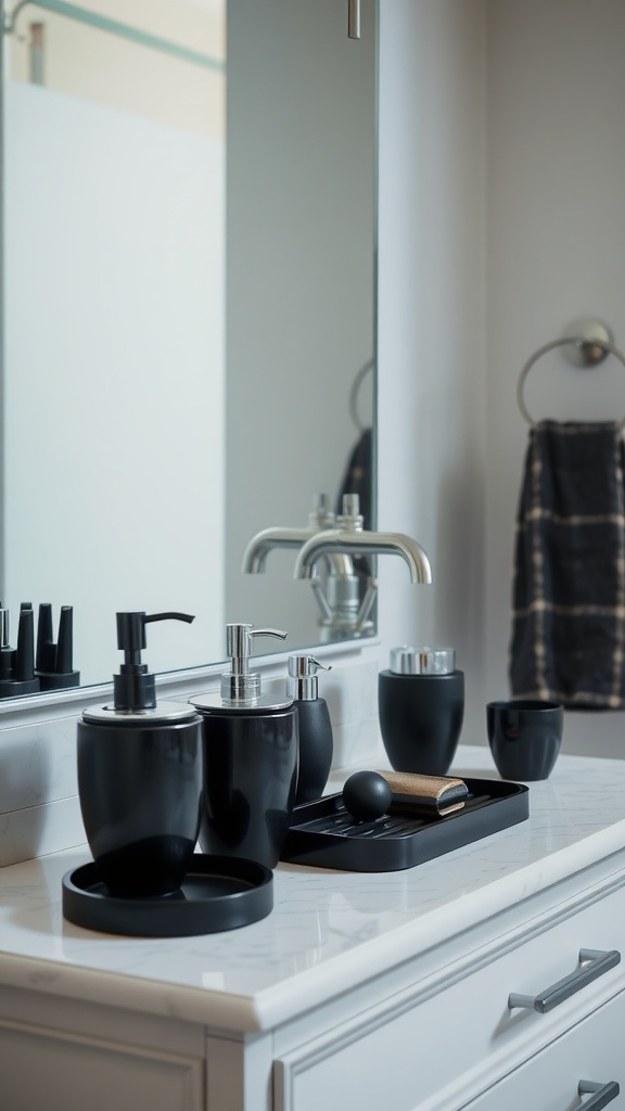 Black and silver bathroom accessories arranged on a countertop