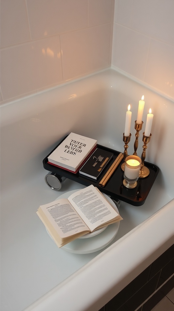 A black and silver bathtub tray with candles, books, and a plate, placed in a white bathtub.