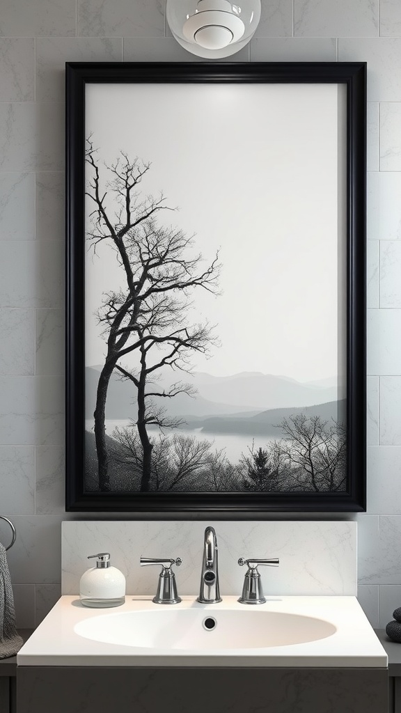 Black and silver framed artwork of a tree silhouette in a bathroom.