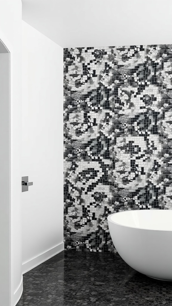 A modern bathroom featuring black and silver mosaic tiles on the wall, with a freestanding white bathtub.