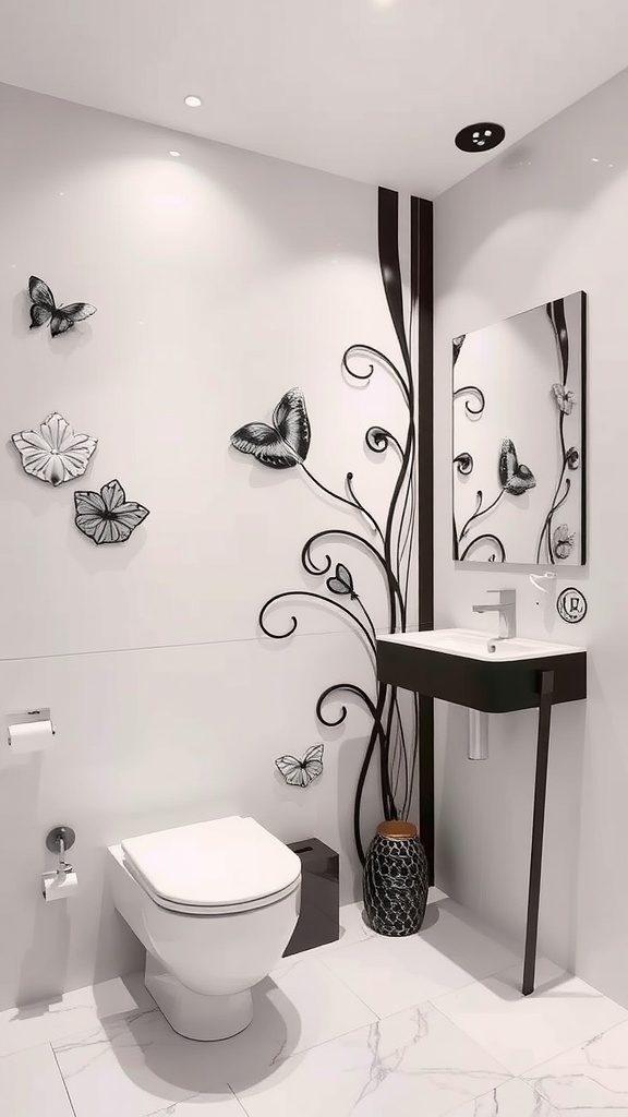 A stylish black and silver bathroom featuring butterfly wall art and modern fixtures.