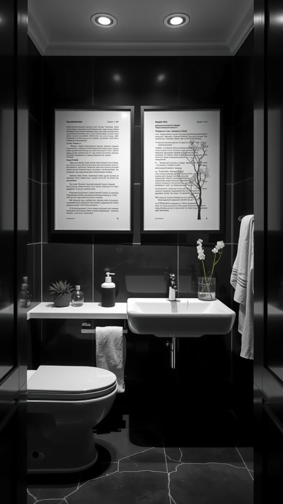 A modern black bathroom featuring black and white artwork with framed text and a minimalist tree illustration.