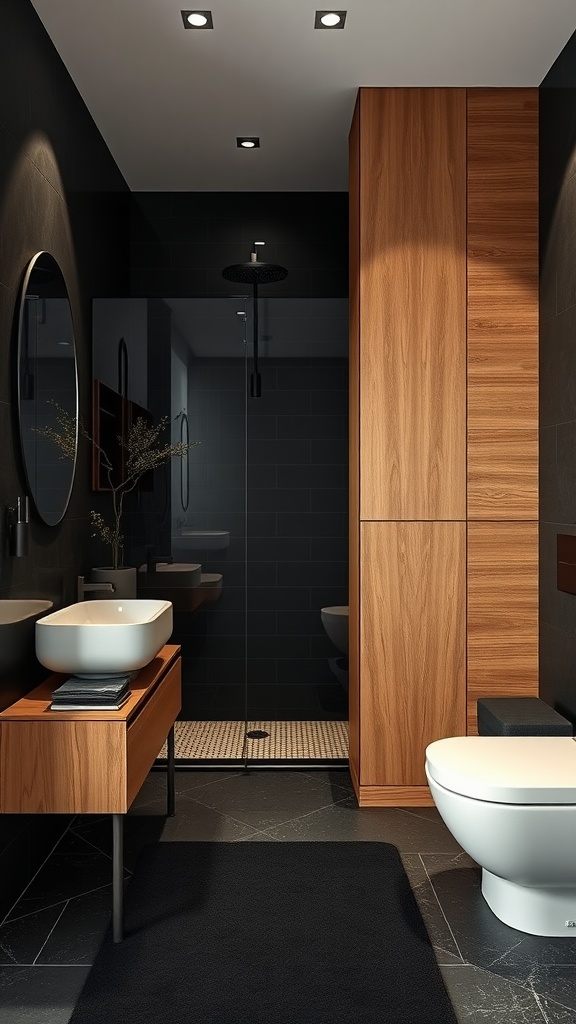 Modern black bathroom with wood elements