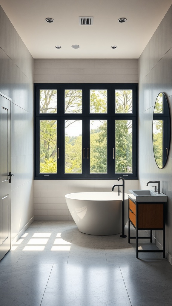 A modern bathroom featuring black framed windows that allow natural light to flood in, highlighting a sleek bathtub and minimalist decor.