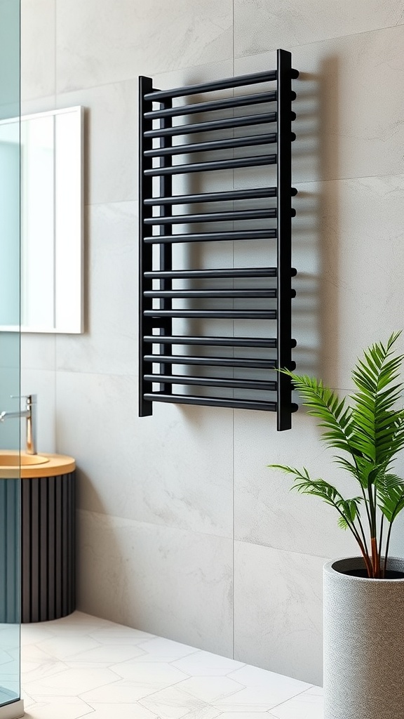 A black towel warmer mounted on a wall in a modern bathroom