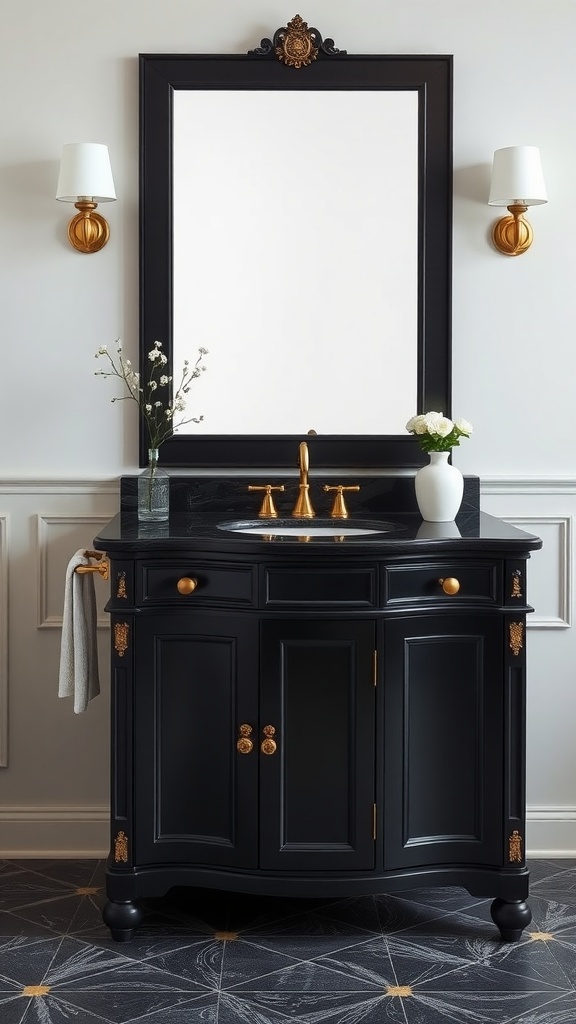 A modern black vanity with gold hardware, featuring a large mirror and elegant decor.
