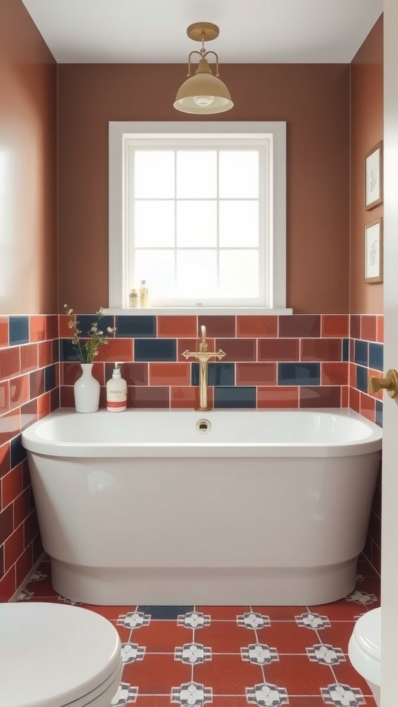 A stylish vintage bathroom with bold red and blue tiles, featuring a white bathtub and modern fixtures.