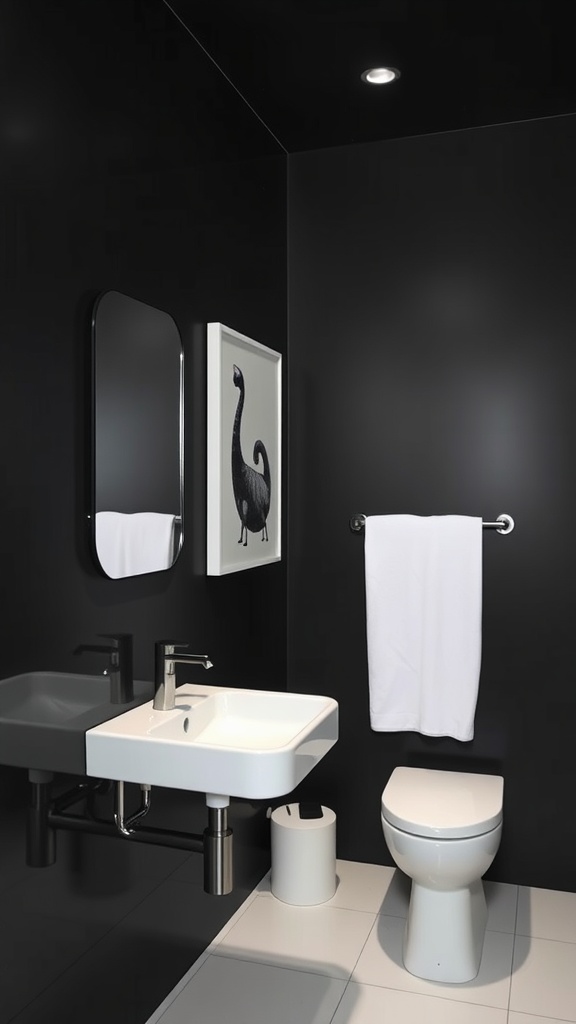Modern black bathroom with white sink, toilet, and towel, featuring wall art and mirror