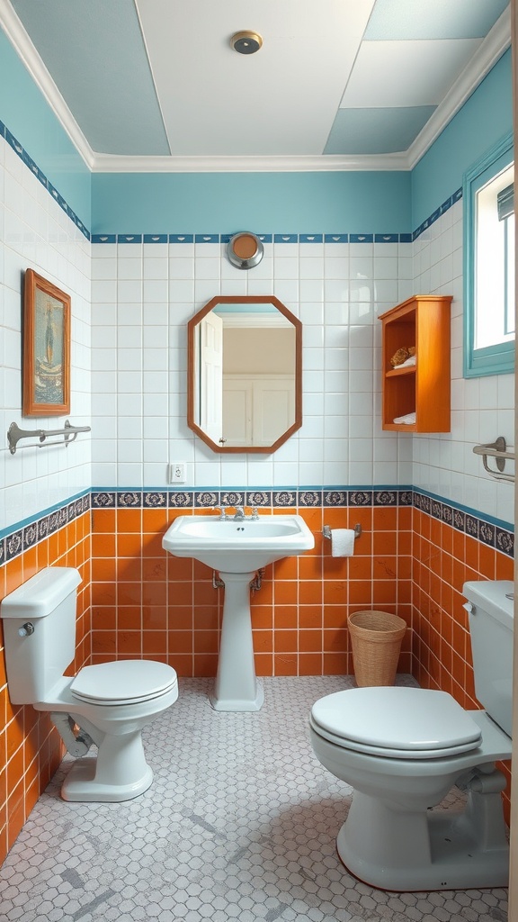 A vintage bathroom featuring brightly colored orange tiles, white walls, and a blue ceiling.