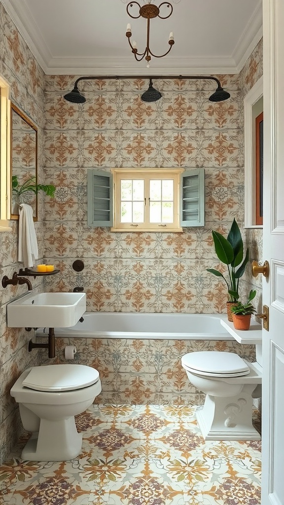 A vintage-style bathroom with cement tiles featuring floral designs on the walls and floor, complemented by simple white fixtures and a potted plant.