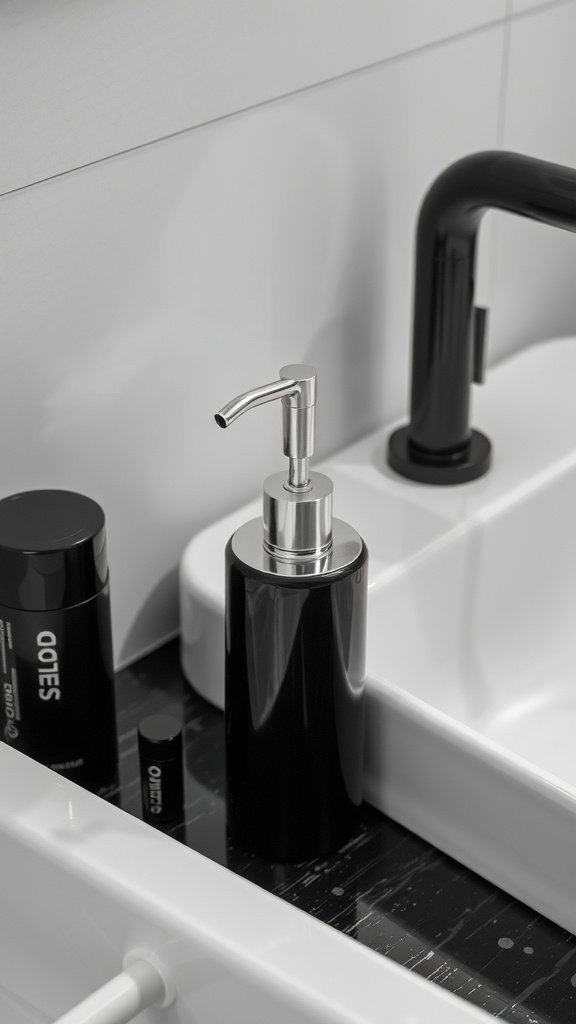 A chic black and silver soap dispenser on a bathroom countertop.