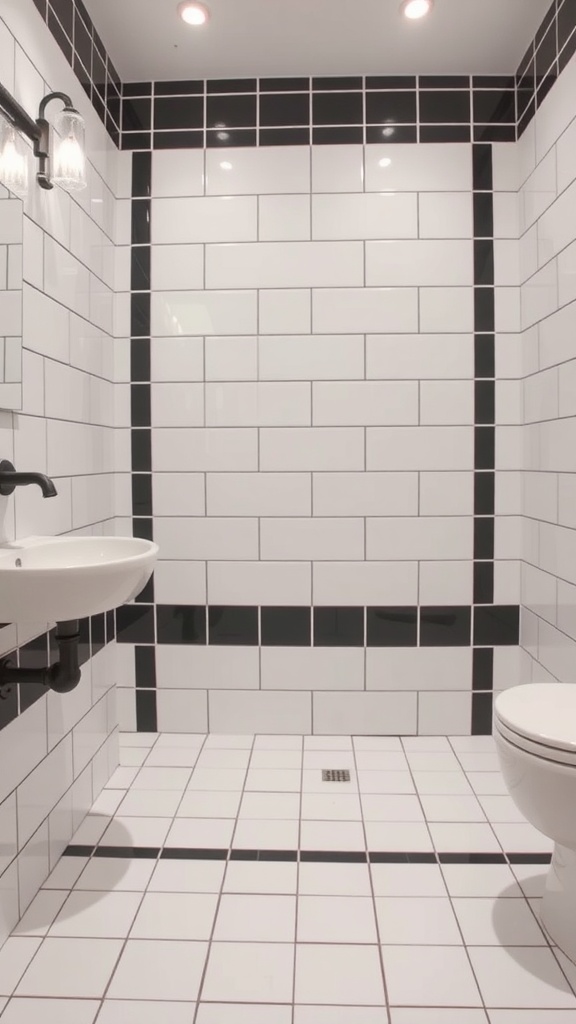 A modern bathroom showcasing white tiles with black grout, featuring a minimalist design.