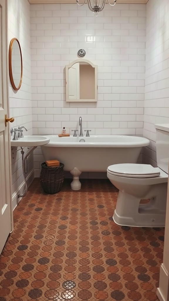 A vintage bathroom featuring classic round penny tiles on the floor, with white subway tiles on the walls and a traditional bathtub.
