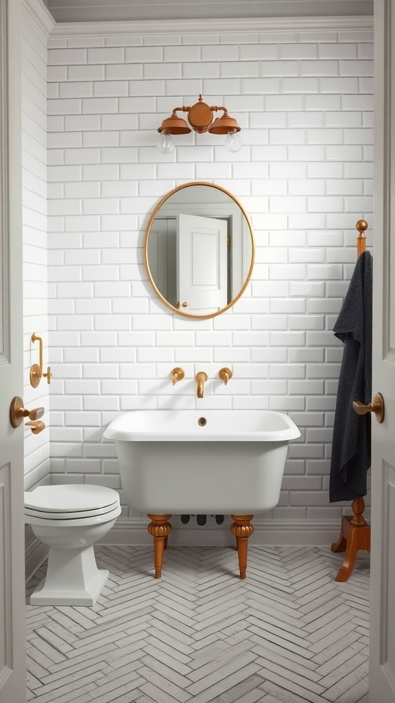 A stylish bathroom featuring classic white subway tiles, a vintage tub with golden fixtures, and a herringbone patterned floor.