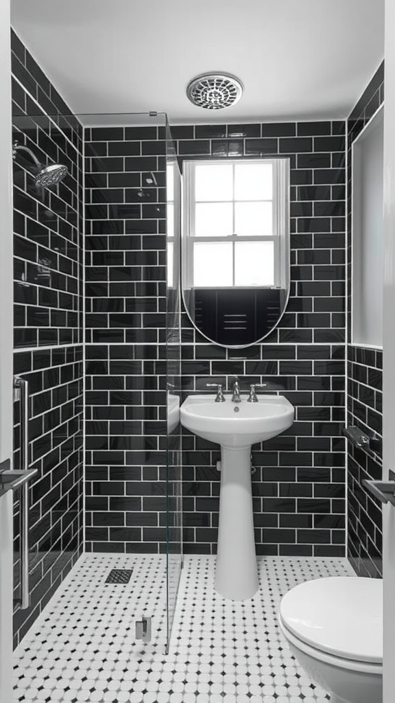 A stylish black subway tile bathroom featuring a shower and backsplash with a white pedestal sink and circular floor tiles.