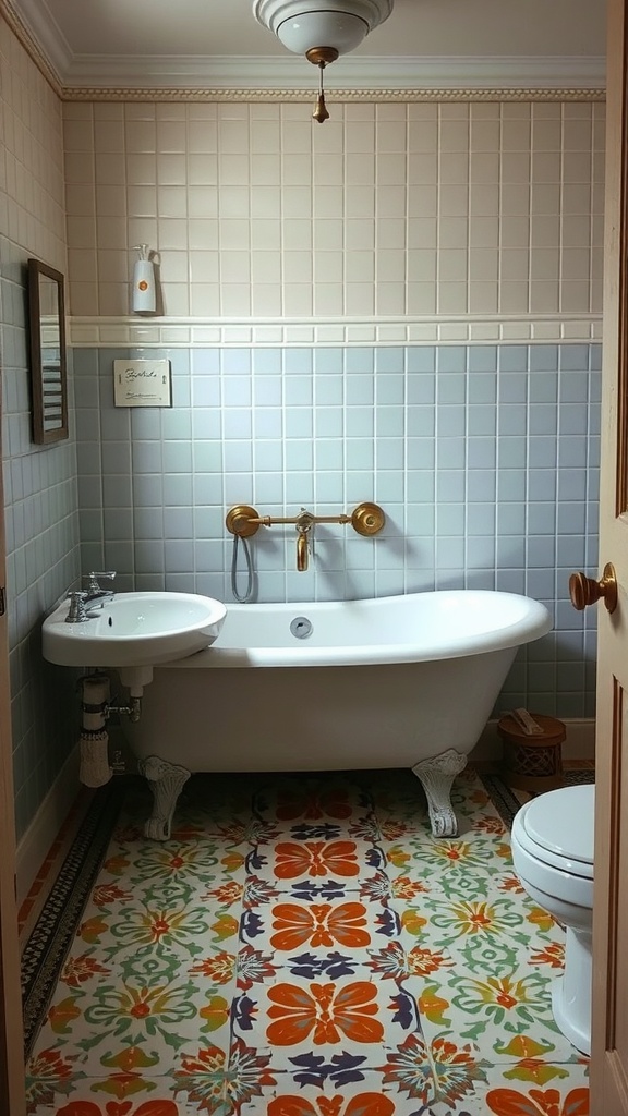 A vintage bathroom featuring colorful encaustic patterned tiles on the floor, a white clawfoot bathtub, and pastel wall tiles.