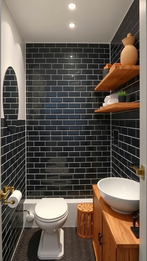 A modern bathroom featuring black subway tiles, wooden shelves, and a round mirror.