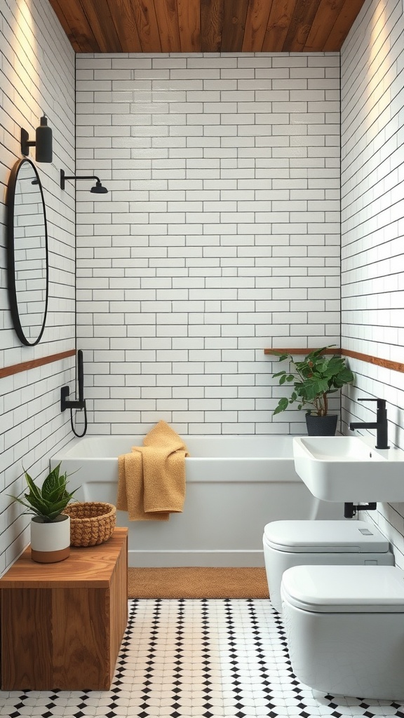 A modern bathroom with white tiles and black grout, featuring wooden elements and plants for a warm feel.