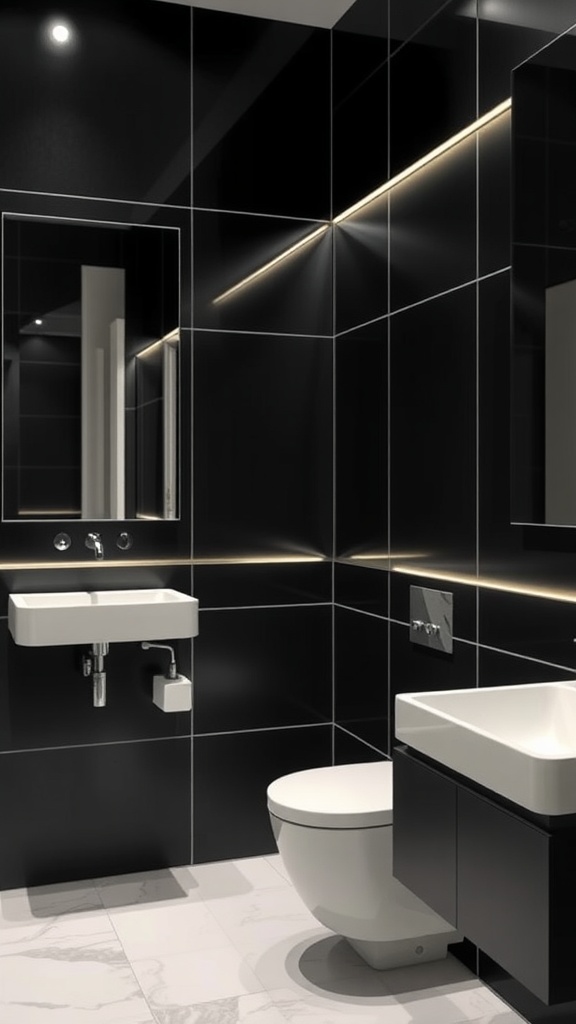 A contemporary black and silver bathroom featuring sleek black wall panels with silver trim, a minimalist sink, and a toilet.